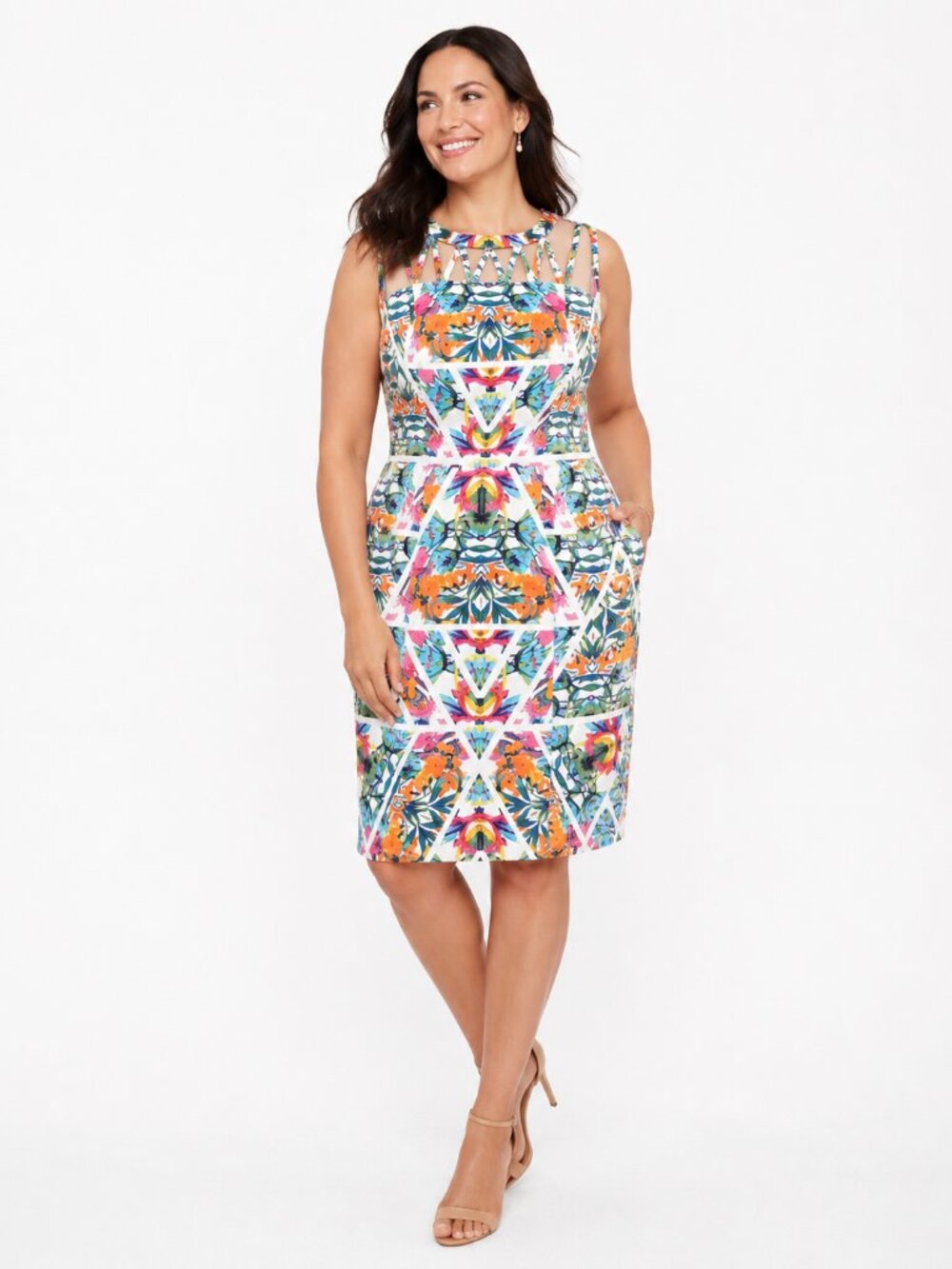 Adrianna Papell Tropical Hawaiian Floral Kaleidoscope Sheath Dress Travel Sz 14